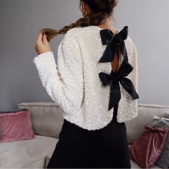 H&M viral bloggers fav white sequin black bow ribbon tie front cardigan sweater - Picture 5 of 7
